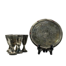 (7 Pc) Israeli Judaica Sterling Silver Kiddush Cup Set