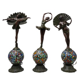 (3 pcs) Chiparus-style Bronze and Stained Glass Lamps