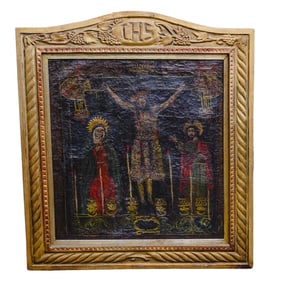 Antique Oil on Canvas Painting Depiction of the Crucifixion of Christ