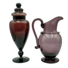 (2 Pc) Amethyst Glass Pitcher and Lidded Candy Bowl