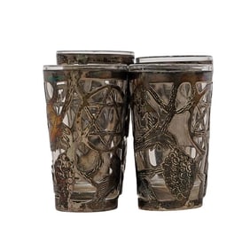 (4 pcs) Mexican Judaica Sterling Overlay Shot Glasses