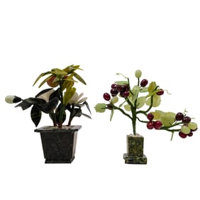 (2 pcs) Chinese Jade and Semi Precious Stone Potted Plants