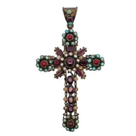 Spanish Colonial Gemstone Vermeil Silver Cross Pendant