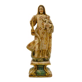 Spanish Colonial Alabaster Polychrome Gilt Virgin Carmen & Infant Jesus
