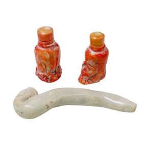 (3 Pcs) Chinese Carved Coral Snuff Bottles and Pipe