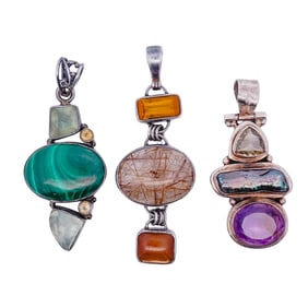(3 pcs) Assorted Sterling Silver Gemstone Pendants