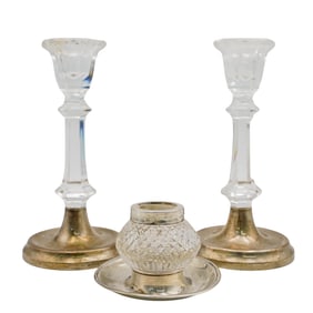 (3 Pcs) English Sterling Silver & Crystal Candle Holders