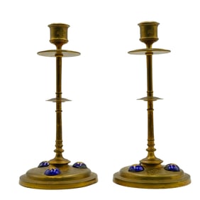 Antique French Brass and Silvered Enamel Candlesticks