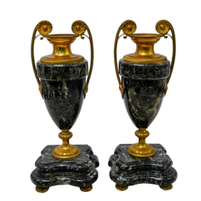 Pair of French Empire Style Marble & Ormolu Bronze Footed Vases