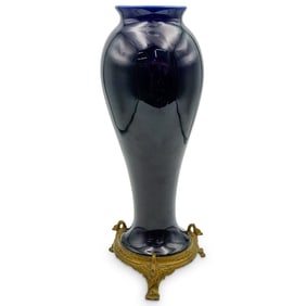 Antique Bronze and Cobalt Blue Porcelain Vase with Swan Base