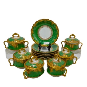 (12 Pcs) Limoges French Porcelain Soup Cups w/ Lids and Saucers