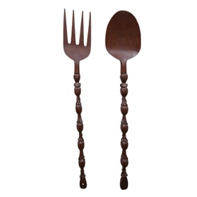 Pair of Massive Carved Wood Spoon and Fork