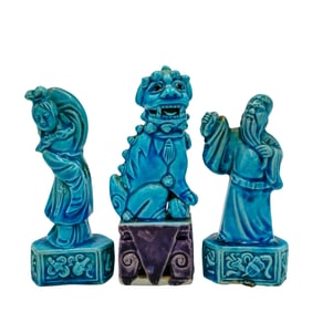 (3 Pc) Antique Chinese Turquoise Glaze Ceramic Figurines
