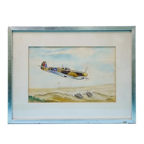 Signed WWII Spitfire Plane Watercolor On Paper