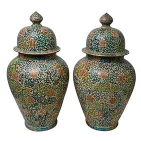 Pair of Antique Chinese Large Lidded Ceramic Urns