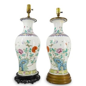 Pair Of Antique Chinese Famille Rose Vase Table Lamps
