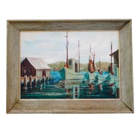 Style of K.A. Zimmerman (American/Swiss 1927-2002) Nautical Marina Oil on Canvas Painting