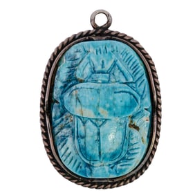 Antique Silver and Faience Scarab Pendant