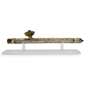 Antique Chinese Silver-plated and Jade Opium Pipe With Stand