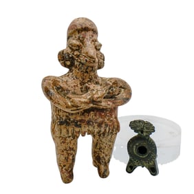 (2 pcs) Mexican Pottery Figurine with Cast Iron Oil Lamp