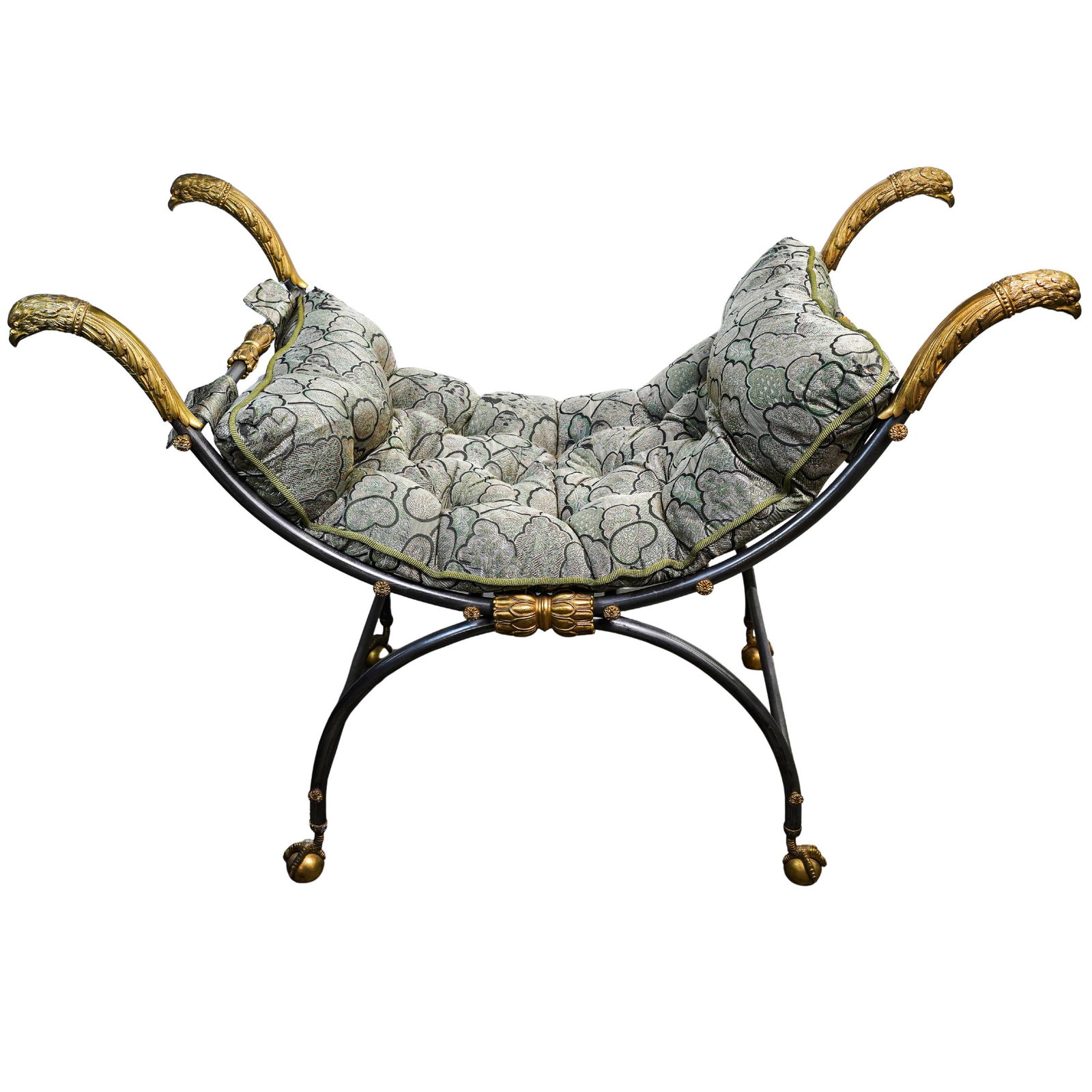 Attrib. John Vesey French Gilt Bronze Directoire Bench: Attrib. John Vesey French Gilt Bronze Directoire Bench20th Cent, FranceAttributed to Jon Vesey gilt bronze directoire bench, features gilt bronze eagle terminals along each arm. Accented by floral app