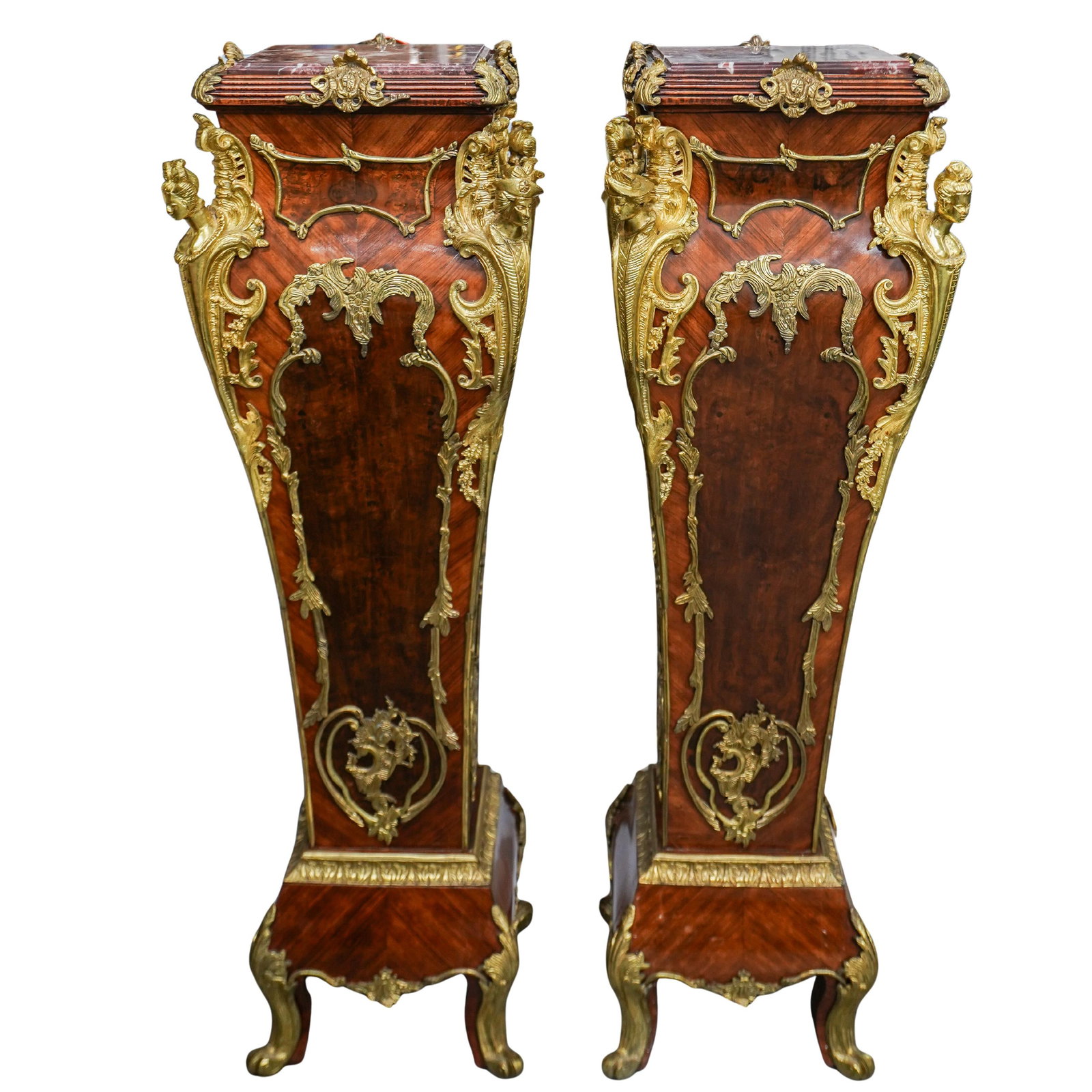 Pair Of Louis XV Style Bronze Wood and Marble Pedestals: Pair Of Louis XV Style Bronze Wood and Marble Pedestals 20th Century, France Pair of Louis XV style wooden pedestals, adorned with finely cast and chased gilt bronze mounts featuring scrollwork, folia