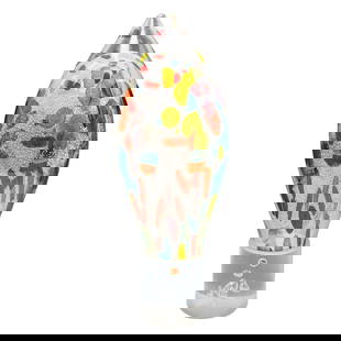 Attributed to Livio Seguso Large Murano Glass Conical Sculpture: Attributed to Livio Seguso Large Murano Glass Conical Sculpture20th century, ItalyA large Murano glass vase with a clear glass base and a multicolored, speckled body in an elongated teardrop shape. Th