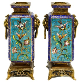 Attrib. Pair of Barbedienne Cloisonne Bronze Vases