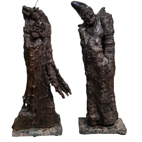 Pair Of Chinese Rootwood Carvings On Marble