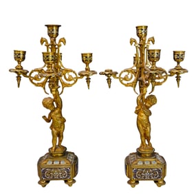 Pair of Antique French Gilt Bronze & Champleve Enamel Candelabras