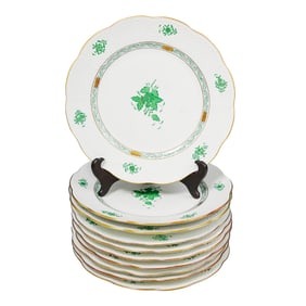 (10 Pcs) Herend "Chinese Bouquet Apponyi Green" Dinner Plates