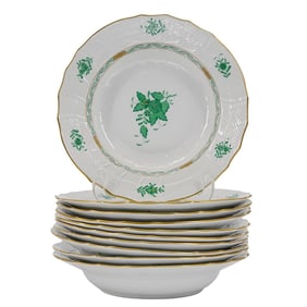 (10 Pcs) Herend Porcelain "Chinese Bouquet Apponyi Green" Soup Plates