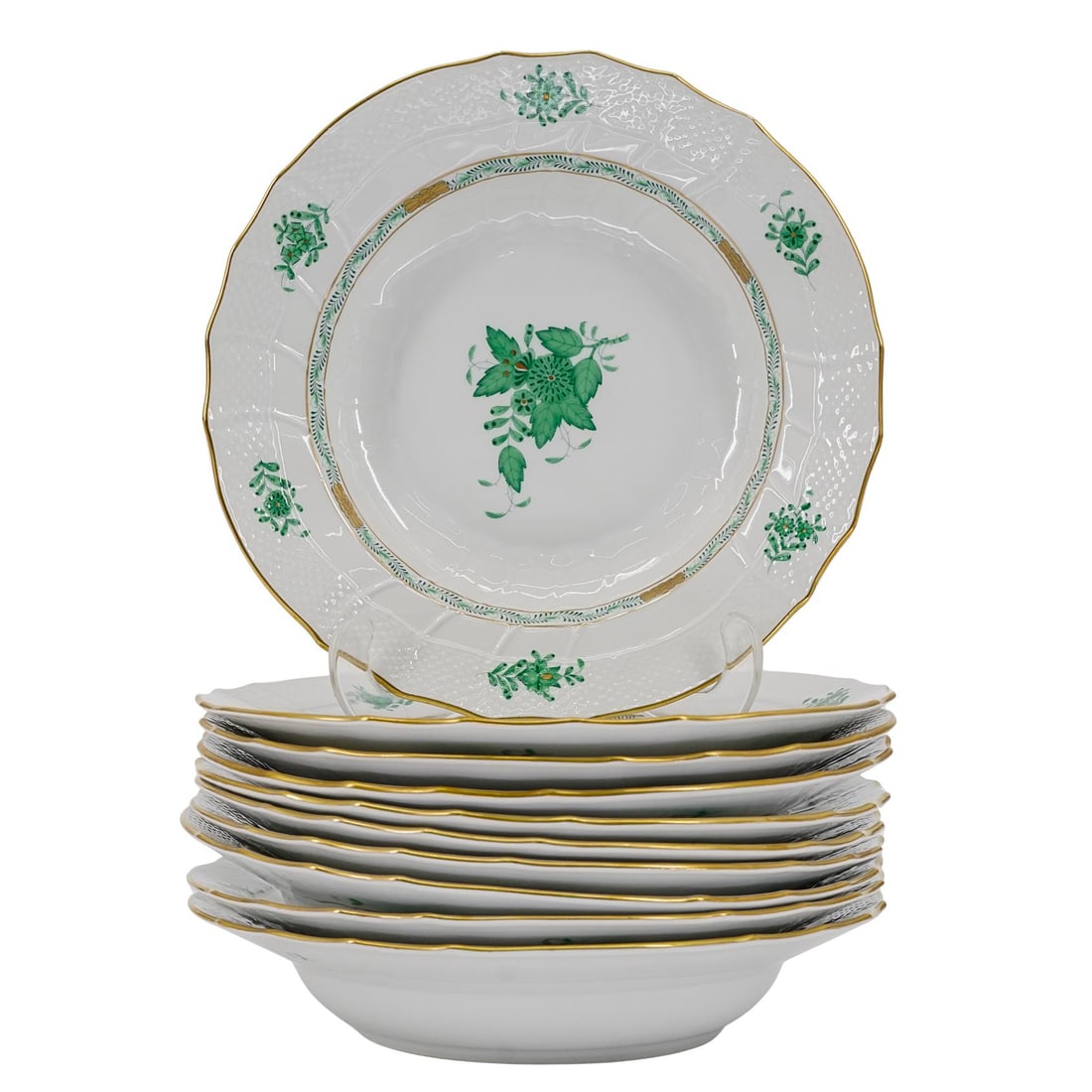 (10 Pcs) Herend Porcelain "Chinese Bouquet Apponyi Green" Soup Plates (1 of 5)