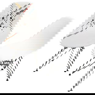 Pair Eames Office "Bauhaus 1919-2019" Chair: Eames Office "Bauhaus 1919-2019" Chair2019, AmericanEames Office plastic chair with chrome legs. Chair seat and back feature abstract geometric designs in black, yellow, blue, and red. Back of chair r
