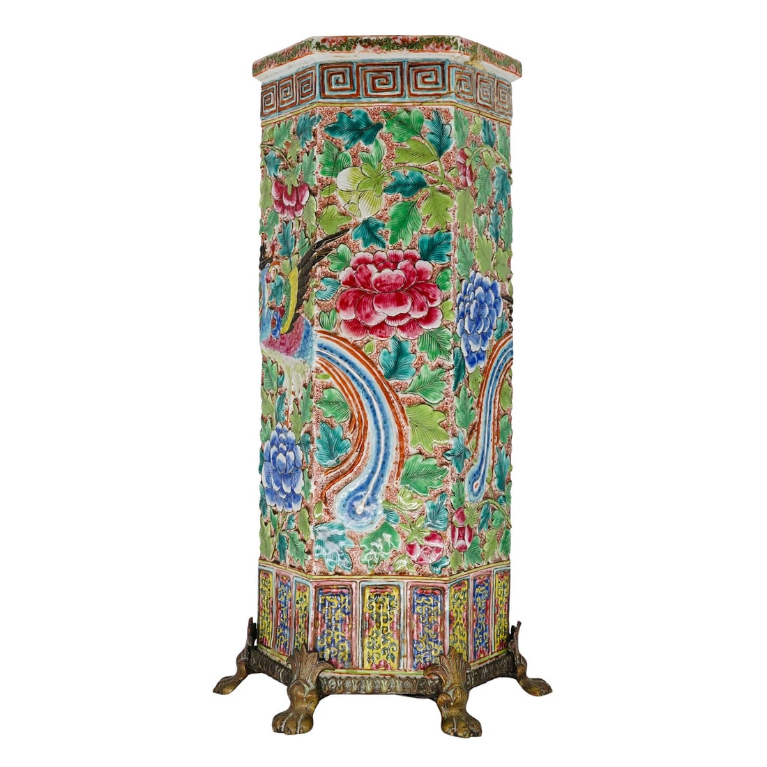 Antique Chinese Hexagonal Porcelain Umbrella Stand: Antique Chinese Hexagonal Porcelain Umbrella Stand 19th century, China A hexagonal, hand-painted porcelainstand featuring floral and bird designs. It is decorated with a palette of pinks, greens, blue