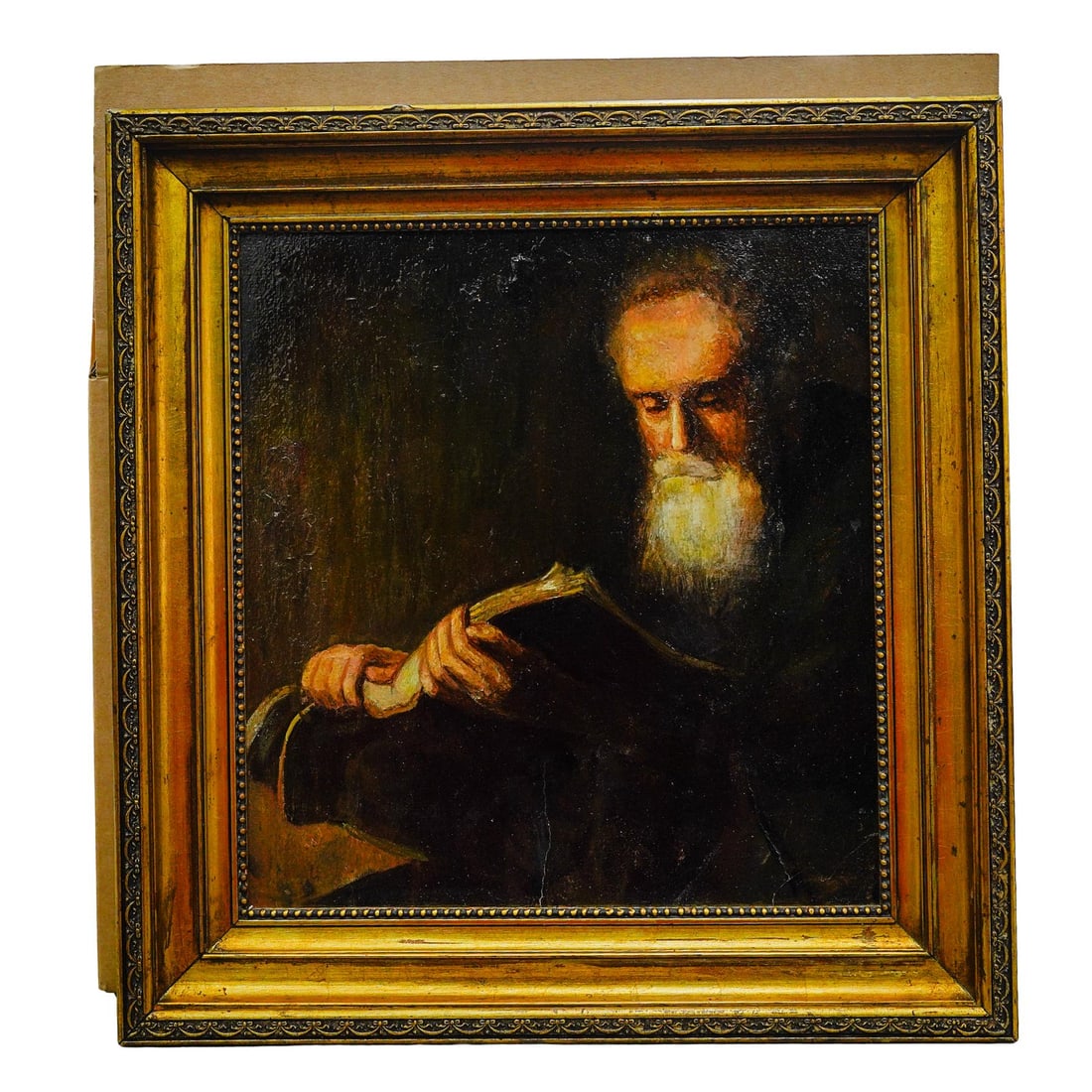 After Jan Lievens Oil on Canvas Scholarly Portrait Painting: After Jan Lievens Oil on Canvas Scholarly Portrait PaintingMid 19th-early 20th century, ContinentalOil on canvas portrait painting of an elderly scholar reading a book in the style of Jan Lievens (160