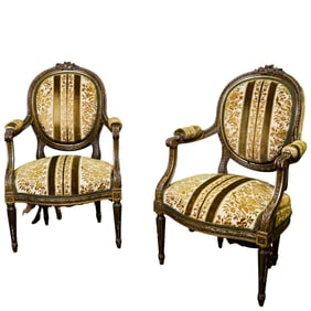 Pair of 19th Cent. French Carved Wood and Embroidered Arm Chairs