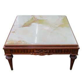 Antique Onyx and Carved Square Wood Coffee Table