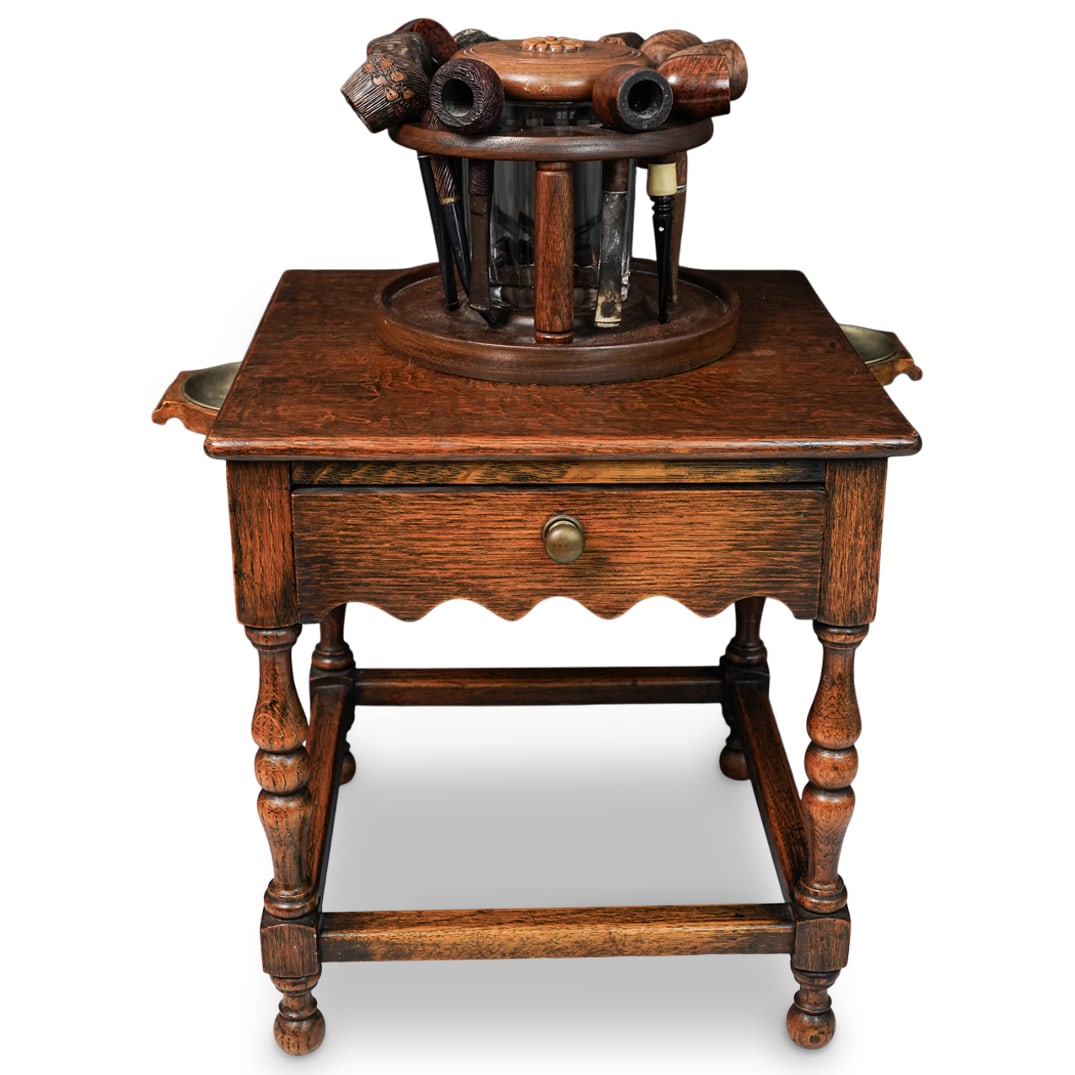 (2 pcs) Smoking Table with Extendable Ashtrays and Tobacco Jar Pipe Stand (1 of 11)