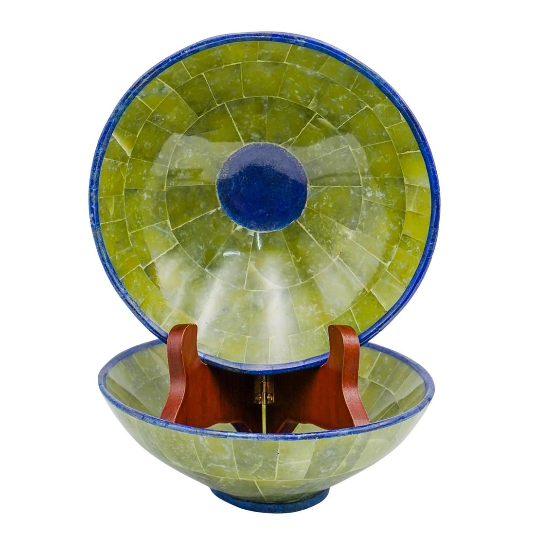 Pair Of Tessellated Jade and Lapis Bowls: Pair Of Tessellated Jade and Lapis Bowls20th Cent, ContinentalPair Of Tessellated Jade and Lapis Trim Bowls.H: 2.25" Diameter: 6"