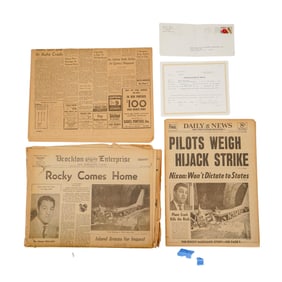 (5 pcs) Death of Rocky Marciano (1923-1969, American) Newspapers, Copy of Death Certificate