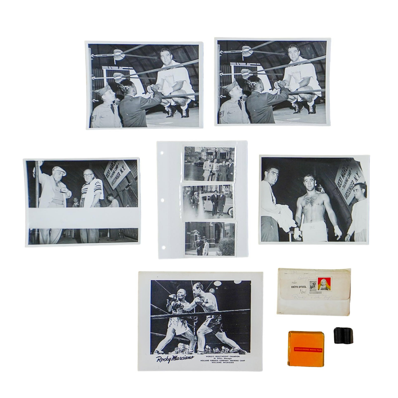 (9 pcs) Rocky Marciano (1923-1969, American) Al Falloni Enterprises Photos and Film: (9 pcs) Rocky Marciano (1923-1969, American) Al Falloni Enterprises Photos and Film Mid 20th century, America Assorted grouping of Rocky Marciano (1923-1969, American) professional boxer personal phot