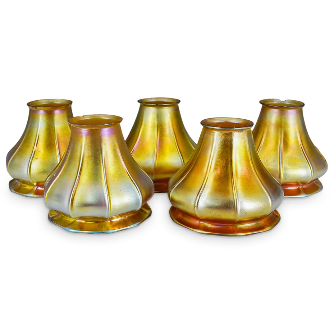 (5 Pc) Antique Steuben Aurene Iridescent Art Glass Shades: (5 Pc) Antique Steuben Aurene Iridescent Art Glass ShadesEarly 20th Cent, USA(5 Pc) Antique set of five (5) Steuben Aurene iridescent art glass shades designed with a bell flower shape. Signed "Steube