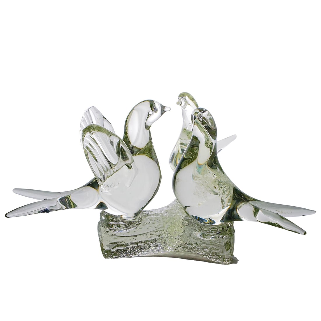 Vintage Murano Glass Bird Sculpture: Vintage Murano Glass Bird Sculpture Mid to late 20th century, Italy Murano clear glass sculpture featuring carved birds on a triangular carved branch base. H 6 3/4" Length between birds 10 1/4"
