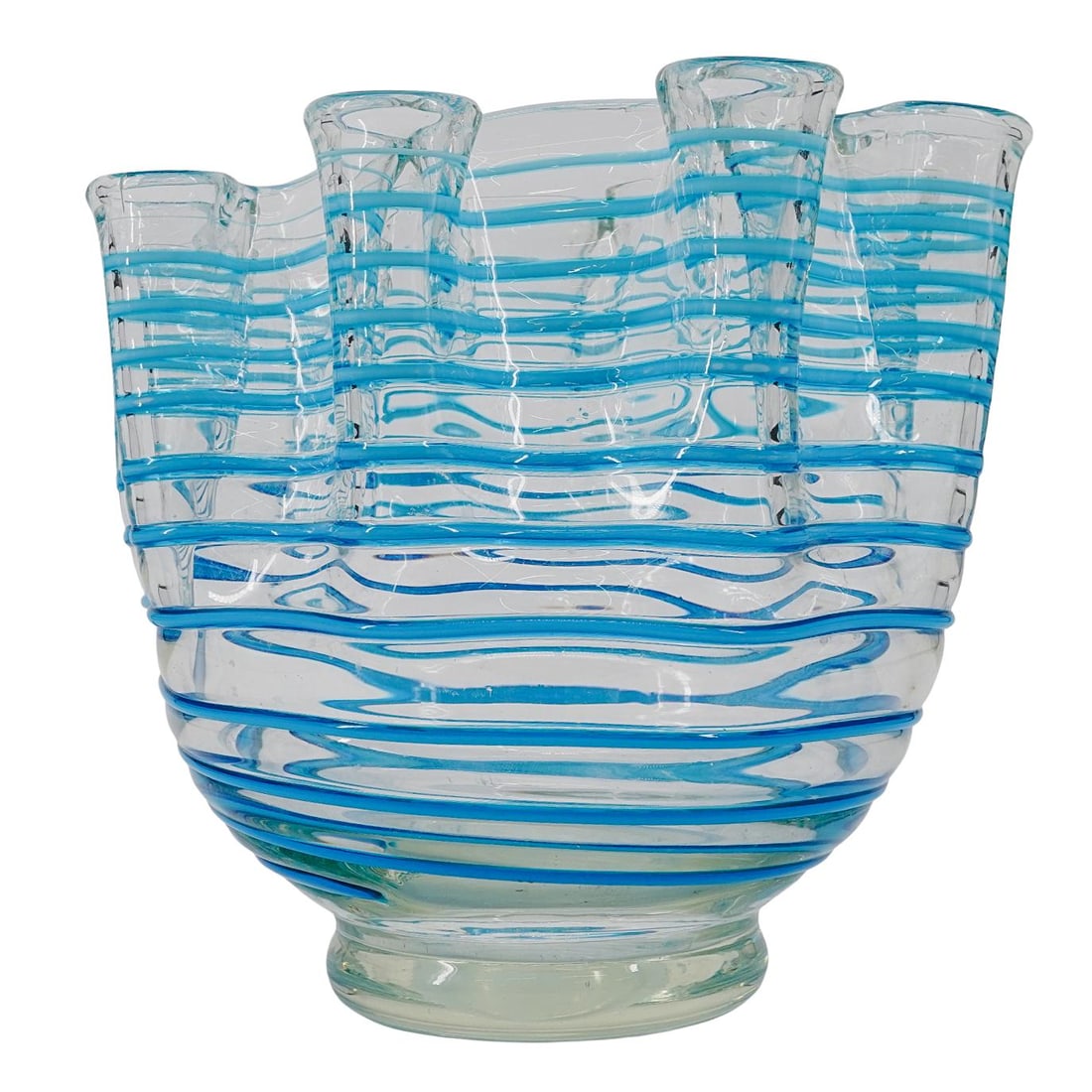 Murano Glass Blue Stripes Bowl: Murano Glass Blue Stripes Bowl 20th century, Italy A clear art glass vase features a wavy, ruffled rim and horizontal light blue stripes. The base of the vase is smooth and clear. H: 8" D: 10" L: 4 1/
