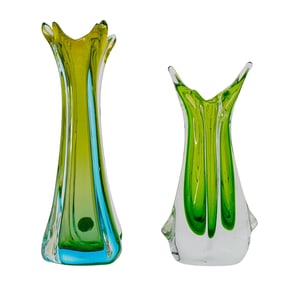 (2 Pcs) Green Murano Ruffled Art Glass Vases