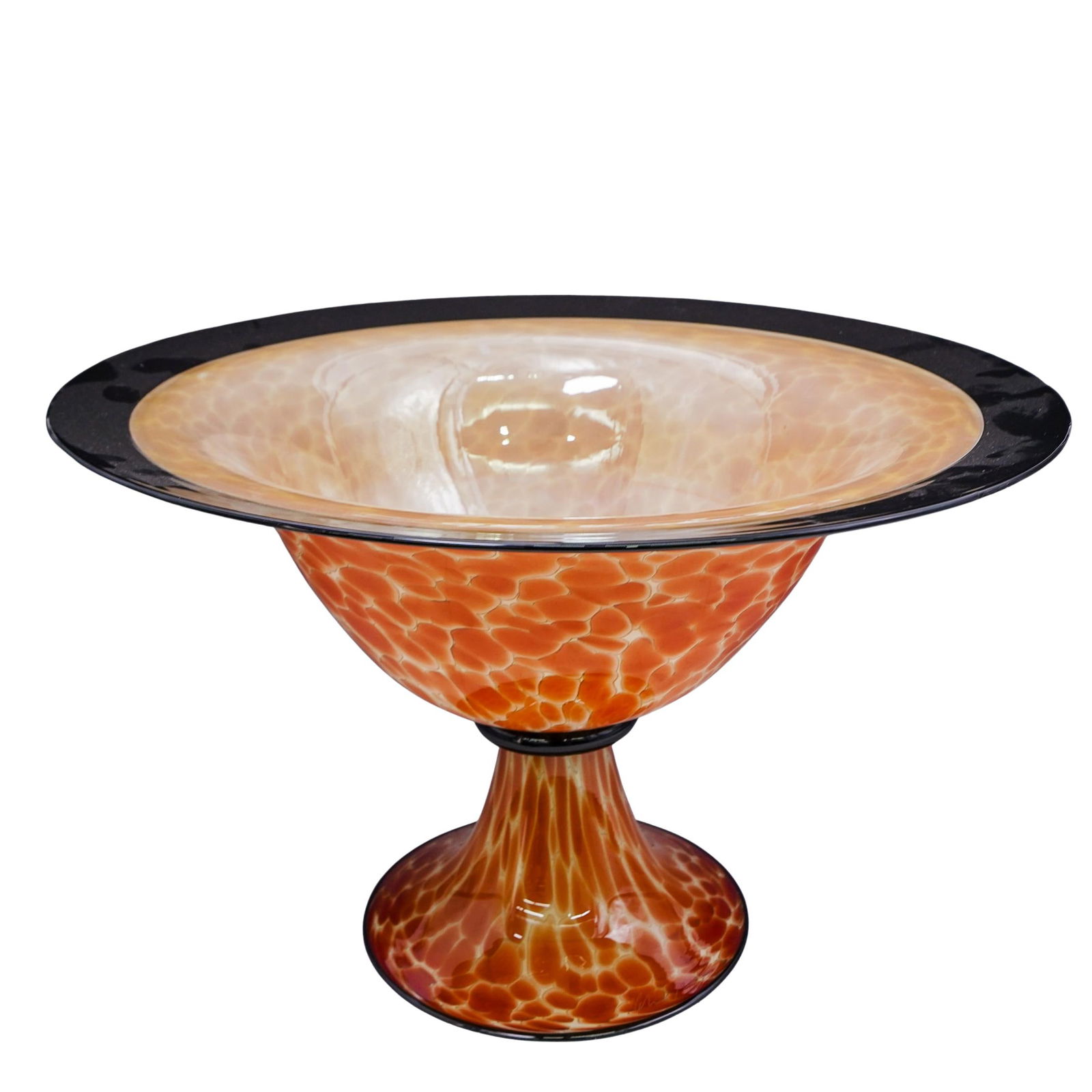 Michael & Molly Stone Art Glass Centerpiece Pedestal: Michael & Molly Stone Art Glass Centerpiece Pedestal1998, USAArt glass pedestal centerpiece by Michael & Molly Stone. Features mottled amber and caramel tones in a flared bowl design. Hand-blown. Sign