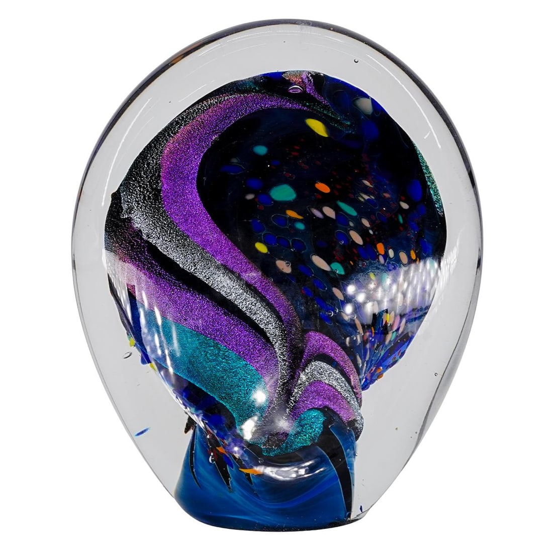 Rollin Karg (American, 1944) Blown Glass Sculpture: Rollin Karg (American, 1944) Blown Glass Sculpture 2003, USA The sculpture is made of clear glass with a blue, purple, silver, and green dichroic design inside. It is signed on the bottom "Rollin Karg