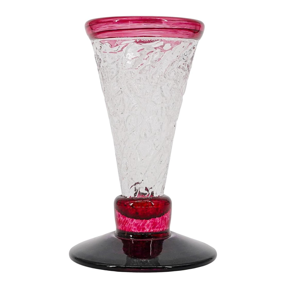 Young & Constantin Art Glass Vase: Young & Constantin Art Glass Vase 20th Century, Czech Republic Art glass vase featuring a crackle-textured body with a maroon-colored lip and base. Signed "YOUNG AND CONSTANTIN 6396-196" below lip on 