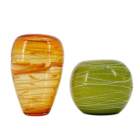 (2 Pcs) Amber & Green Art Glass Vases